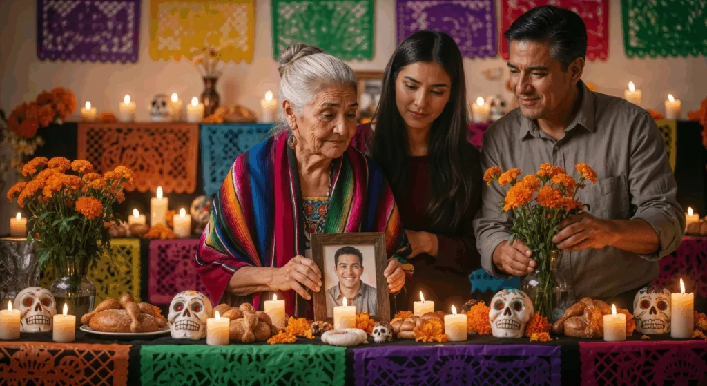 Altar del Día de Muertos en la Riviera Maya con flores de cempasúchil y ofrendas